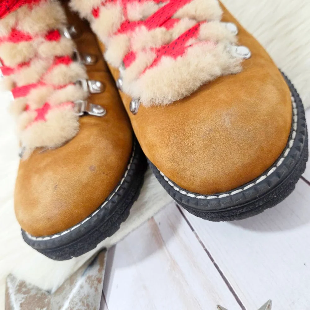 J. Crew Nordic boots pecan brown leather shearling lined red laces women's sz 7